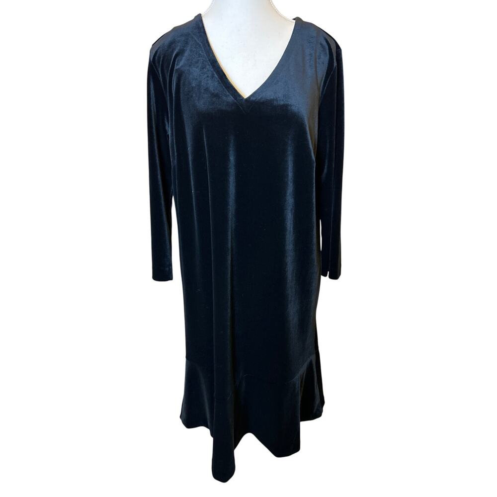 J Jill | Black Velvet Wearever Collection | 3/4 Sleeve Flare Bottom Dress | Lg